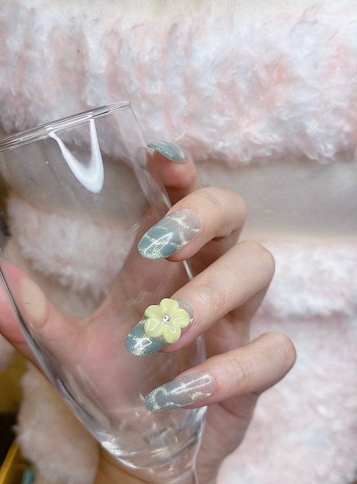 Press on Nails Oval Shape Green Color with Hawaii Flower Design 124