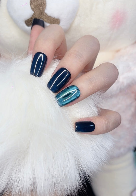 Press on Nails Short Square Blue Color with Devil’s Eye Design 116