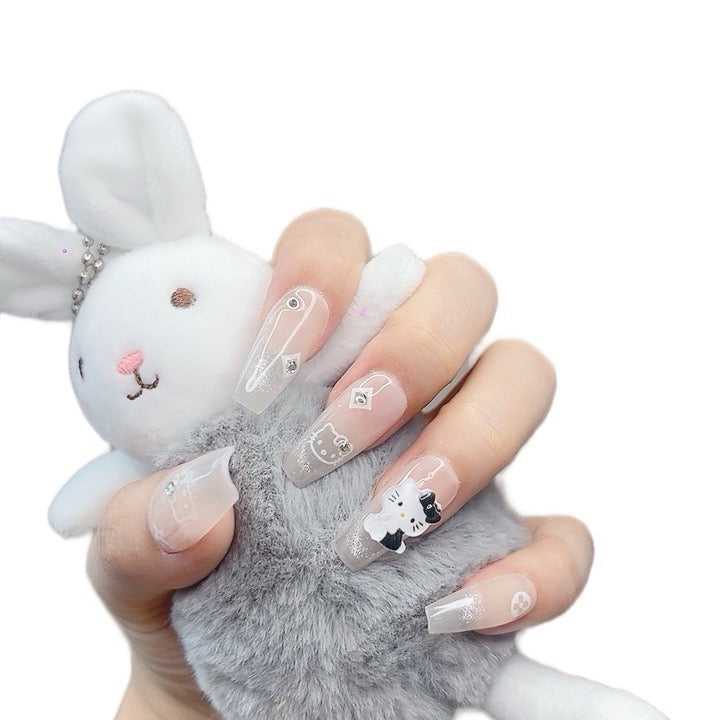Press on Nails Long Coffin White Color with Cat Design 059