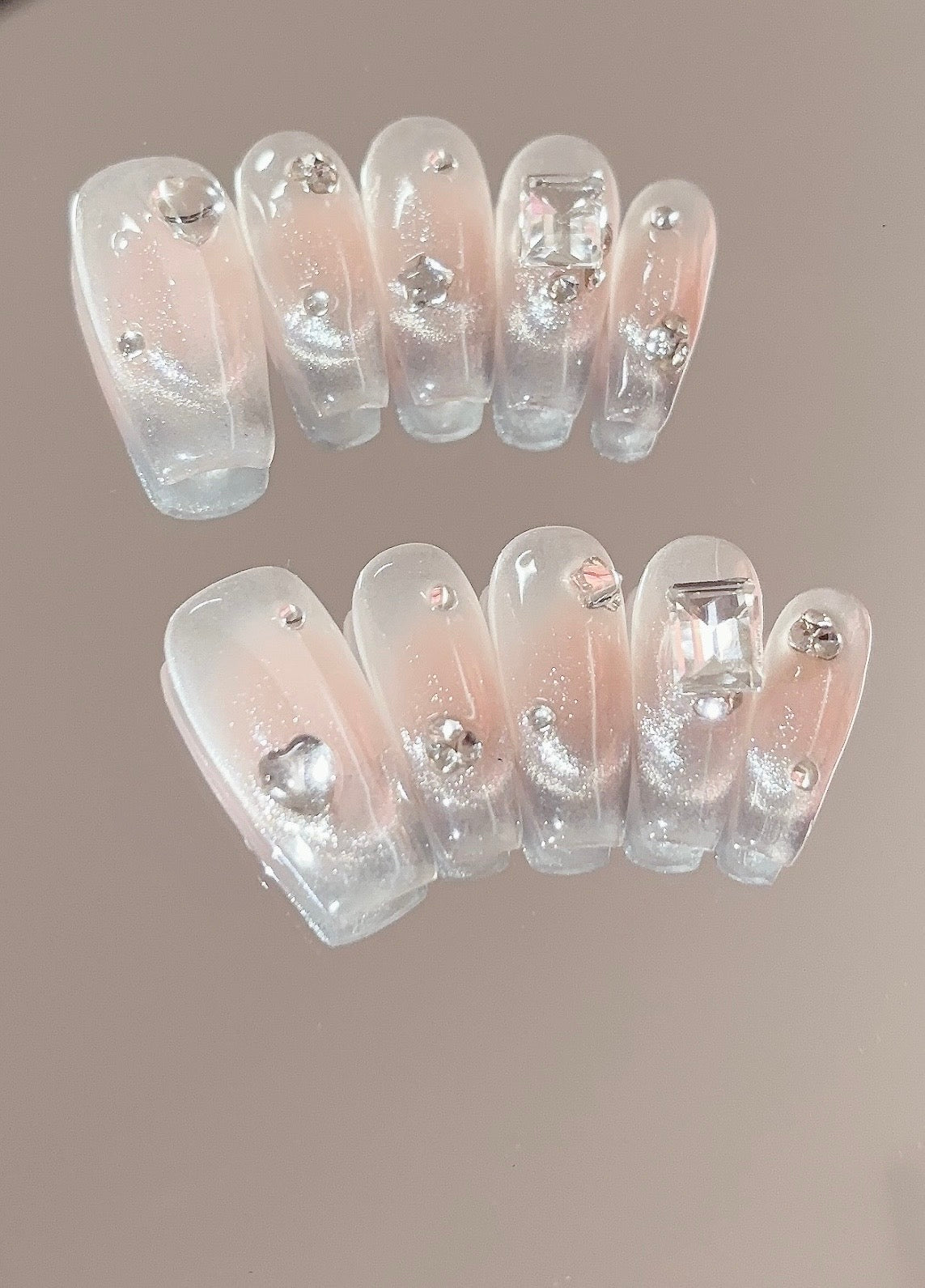 Long Coffin Pink Press-On Nails with Square Rhinestone Design | Tipora False Nails, Fake Nails 055