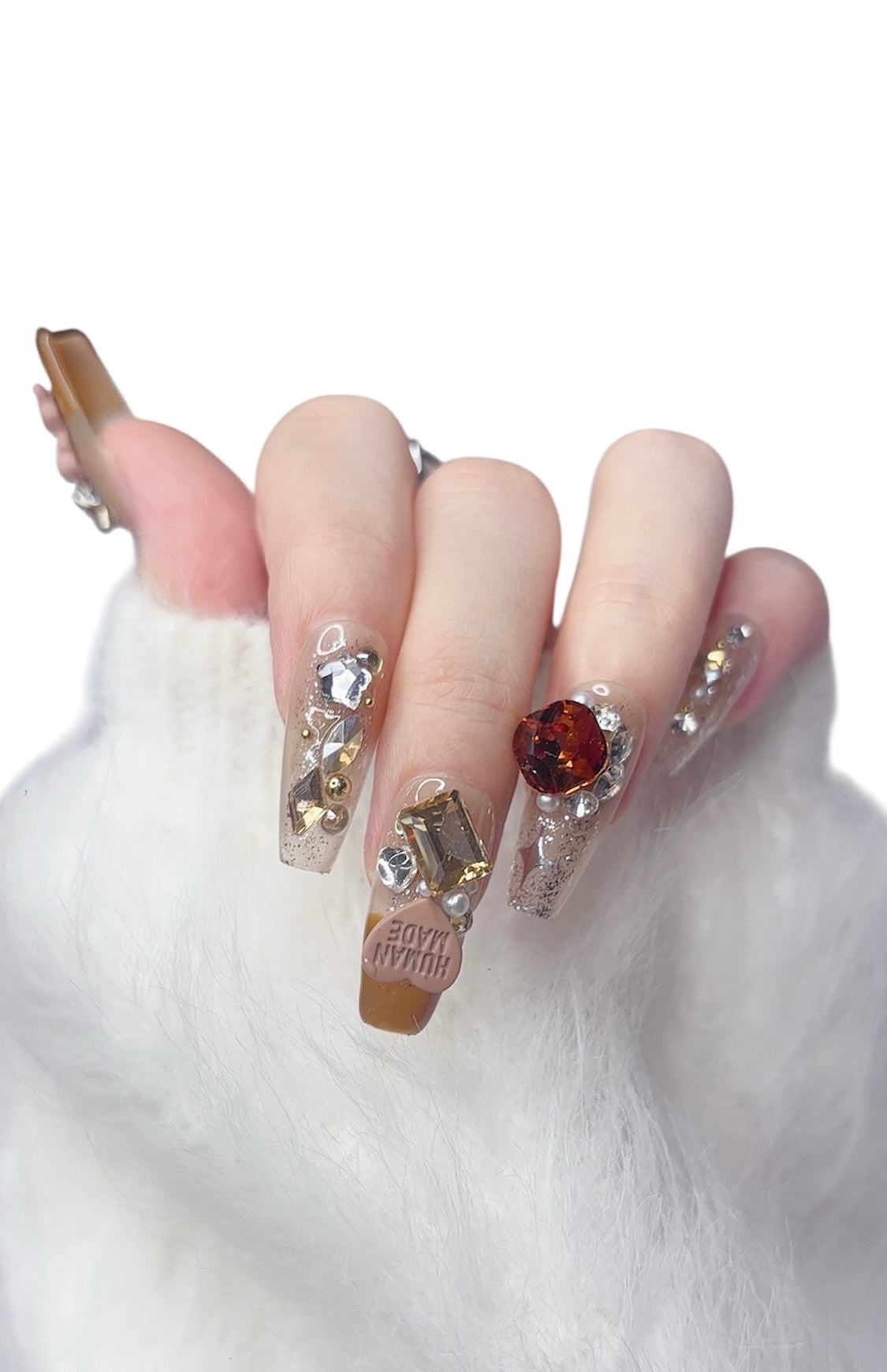 Brown Long Coffin Press-On Nails with 3D Bear and Sparkle Design | Tipora 078