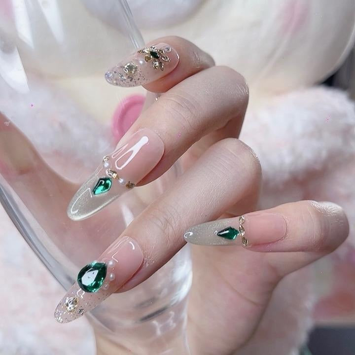 Artificial Acrylic Nails Long Oval Green Color with Mini Pearl & Green Rhinestones Design 114 Glossy Finish