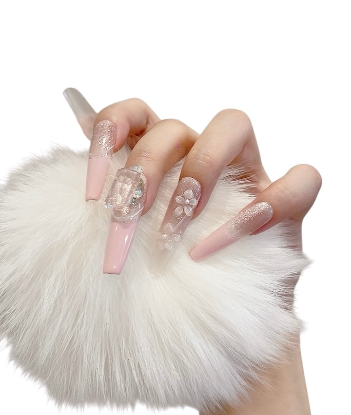 Pink Long Coffin Press-On Nails with Flower Design | Tipora 096