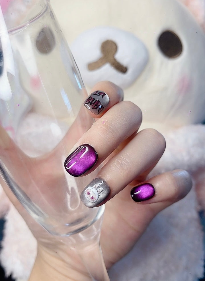 Press on Nails Short Round Purple Color with Cartoon Design 131