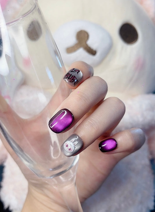 Press on Nails Short Round Purple Color with Cartoon Design 131