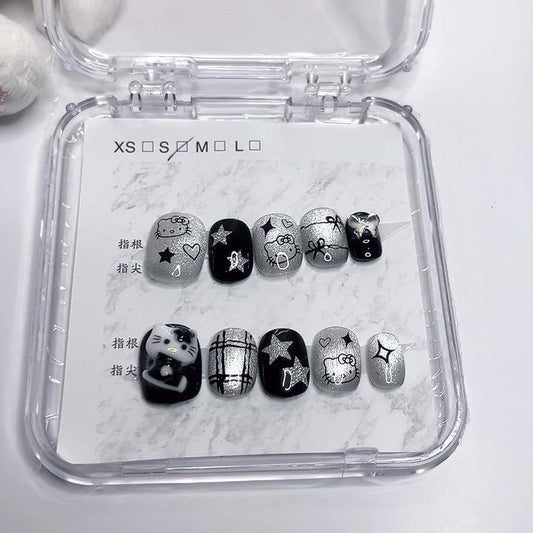 Press on Nails Short Round Black and Gray Color with Cat Design 027