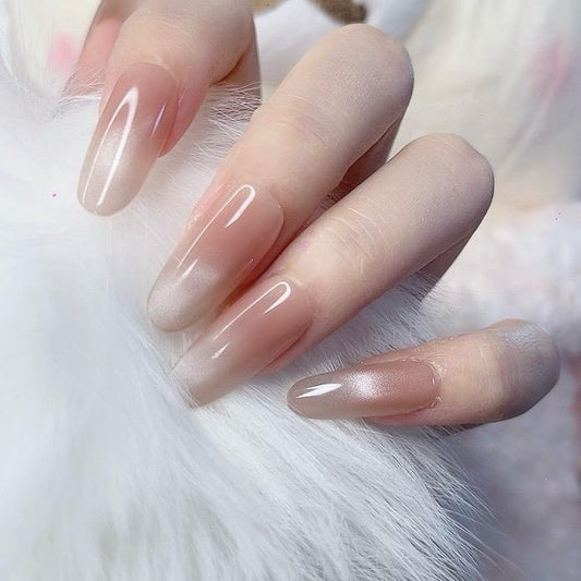 Nude Long Oval Press-On Nails with Simple Design Tipora 115