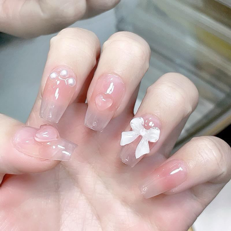 Pink Medium Long Coffin Press-On Nails with 3D Bowknot, Pearls & Heart Design | Tipora 049