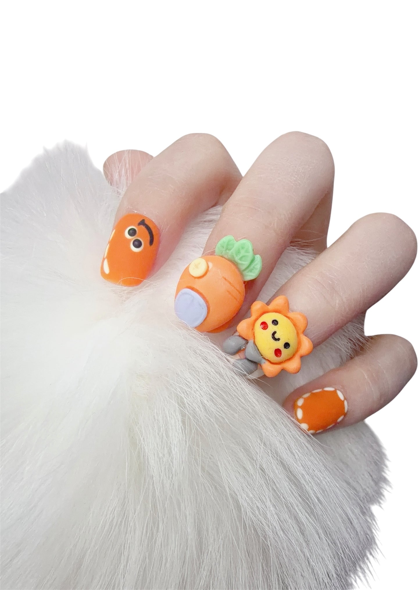 Orange Short Round Press-On Nails with 3D Sun and Carrot Design | Tipora 020