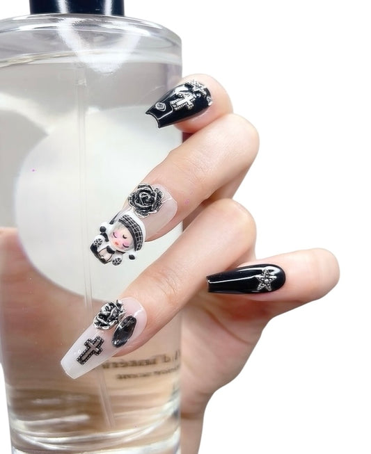 Black & White Long Coffin Press-On Nails with 3D Doll & Flower Design | Tipora 068