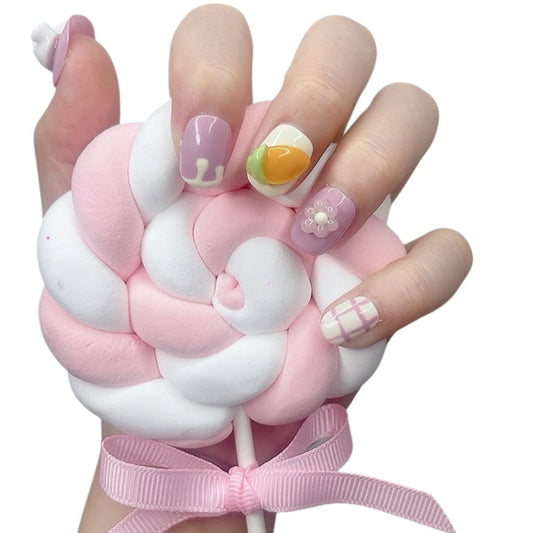 Pink Short Round Press-On Nails with 3D Rabbit & Carrot Design | Limited Edition – Tipora 034