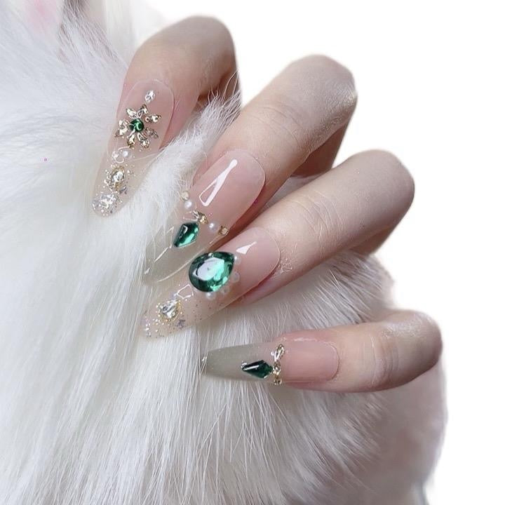Artificial Acrylic Nails Long Oval Green Color with Mini Pearl & Green Rhinestones Design 114 Glossy Finish