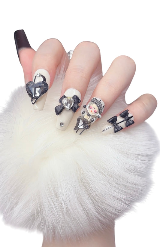 Black & White Long Coffin Press-On Nails with 3D Doll, Bowknot & Heart Rhinestones | Tipora 071