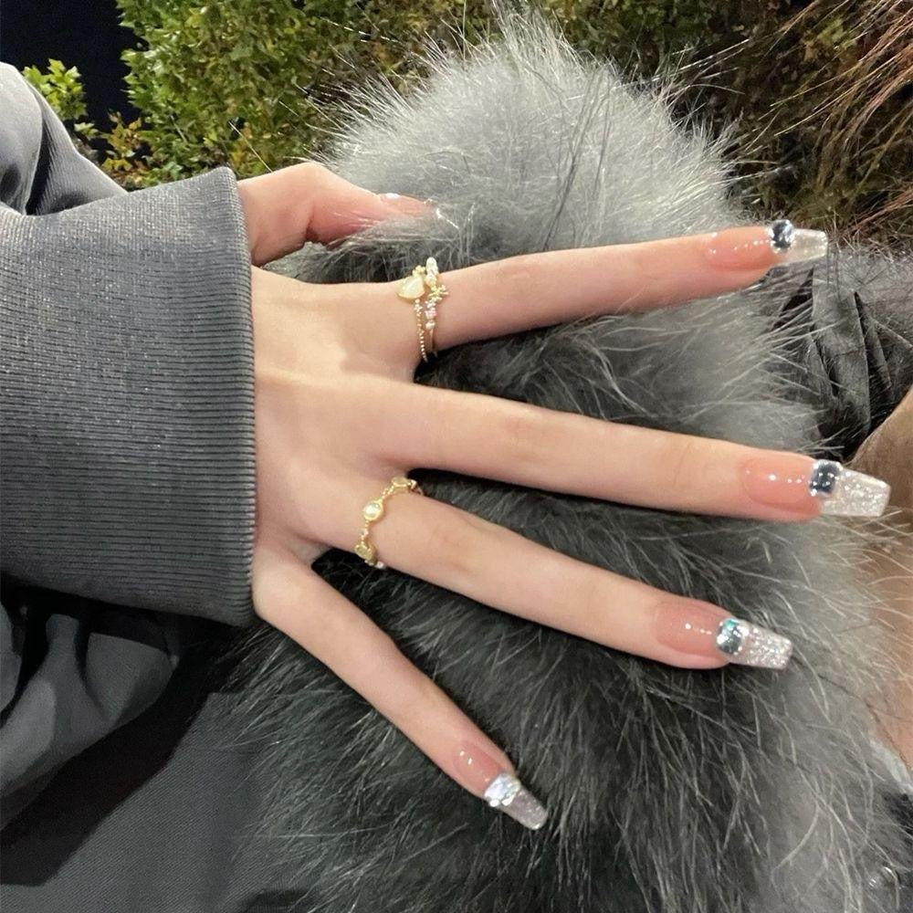 Pink Long Coffin Press-On Nails with Square Rhinestone Design | Tipora 050