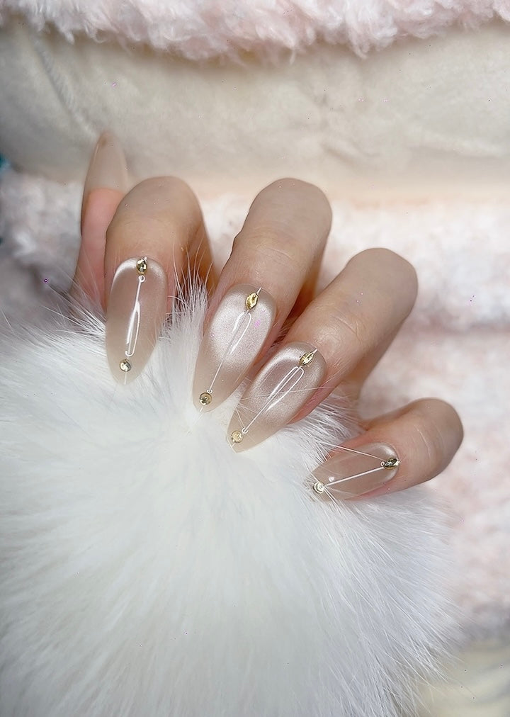 Press on Nails Almond Shape Medium Length Pink Color with Simple Line Design 130 Glam Nail