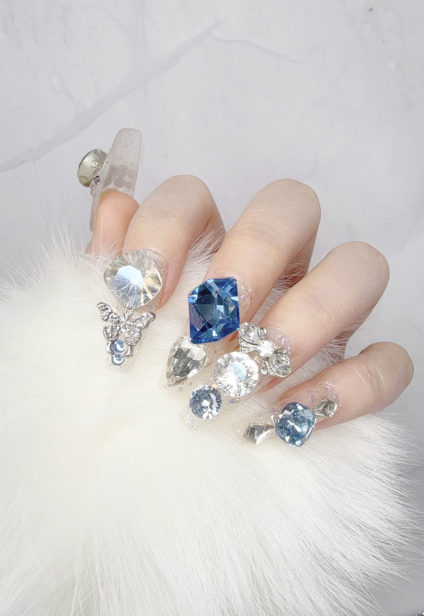 Blue & Silver Long Coffin Press-On Nails with Rhinestone Design | Tipora 028