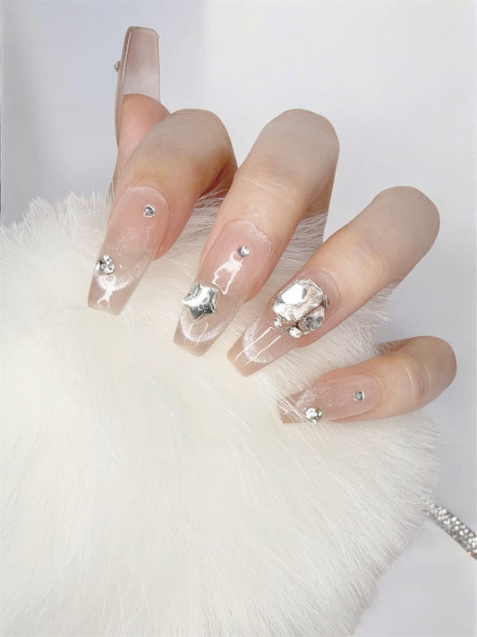Pink Long Coffin Press-On Nails with Star-Shaped Rhinestone Design | Tipora 032