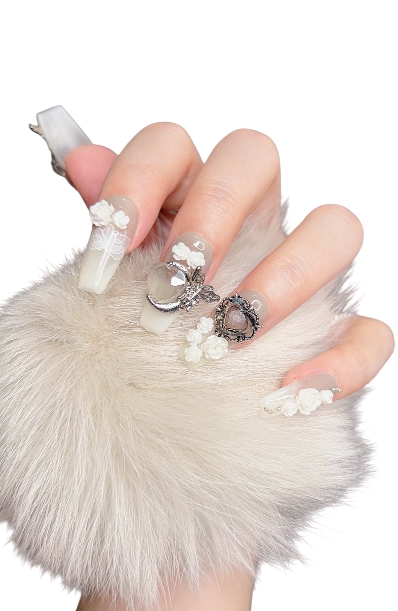 Gray Long Coffin Press-On Nails with 3D Metallic Butterfly Design | Tipora 048