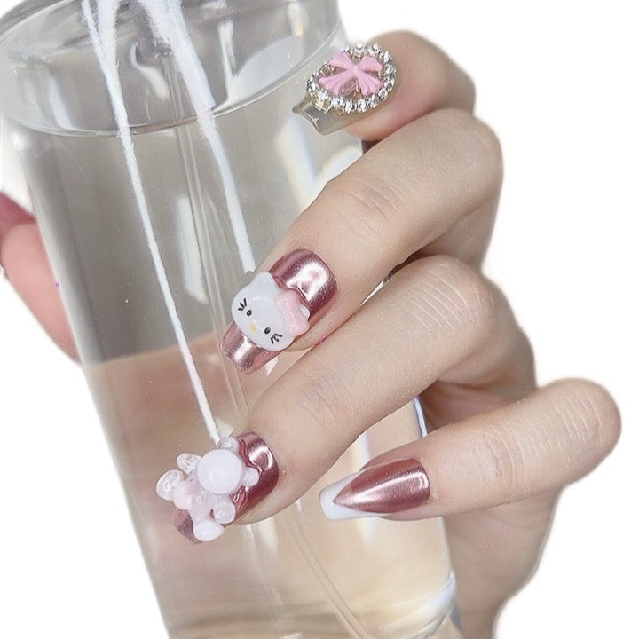 Press on Nails Medium to Length Coffin Pink Color with 3D Cat Color 010