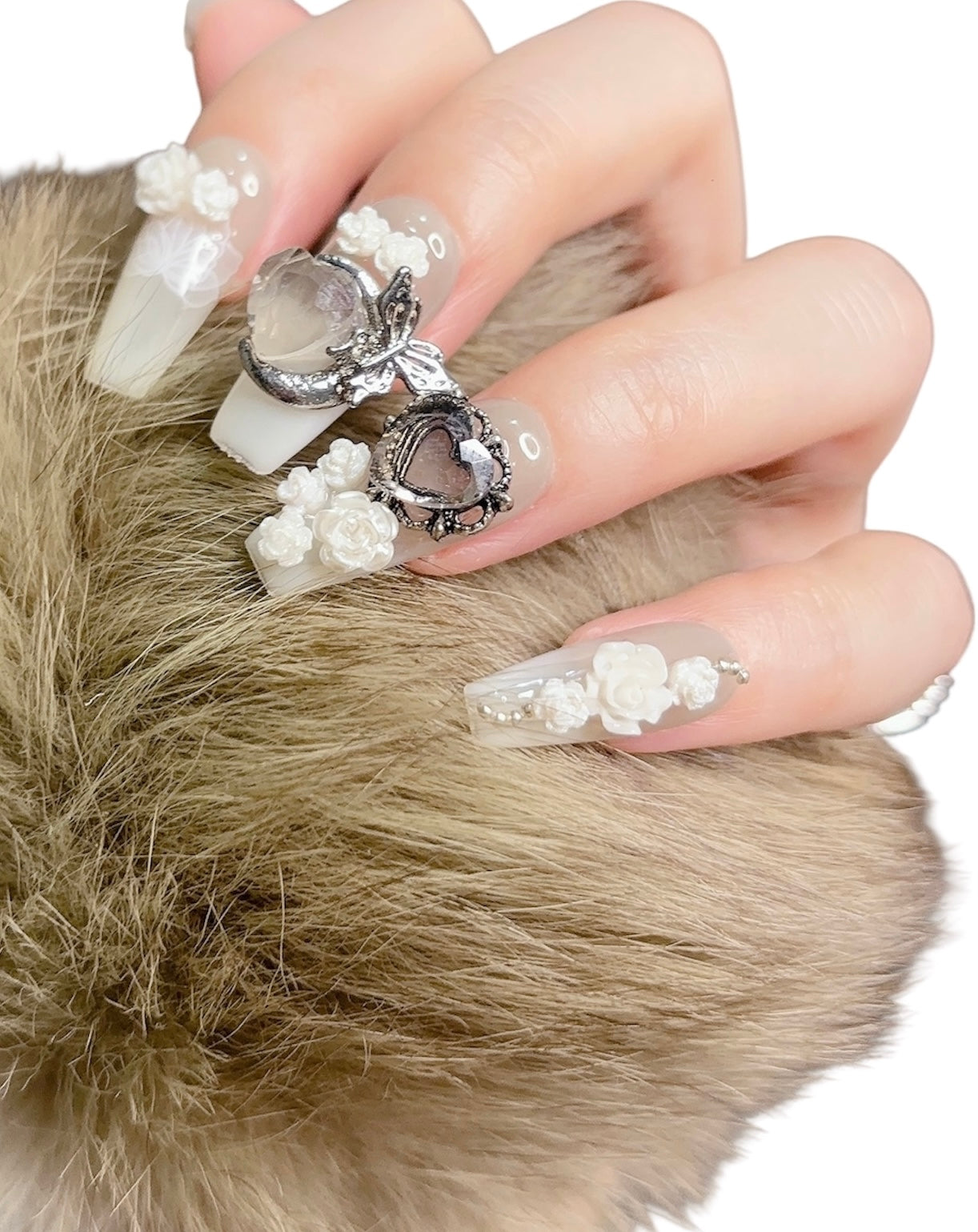 Gray Long Coffin Press-On Nails with 3D Metallic Butterfly Design | Tipora 048