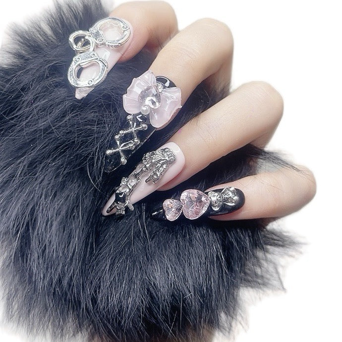 Black and Pink Long Stiletto Press-On Nails with Gothic Design – Tipora 088
