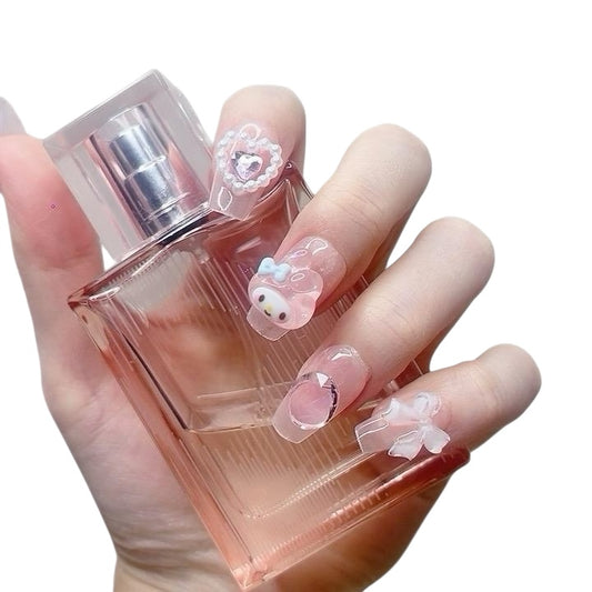 Pink Medium Square Press-On Nails with 3D Melody Design | Tipora 007