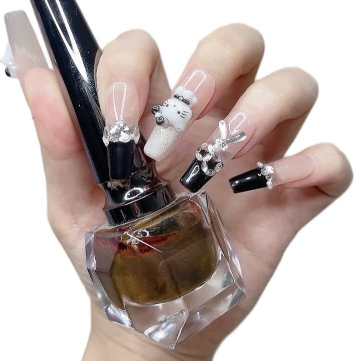 Press on Nails Long Nails Black and White Color with Cat Design 081