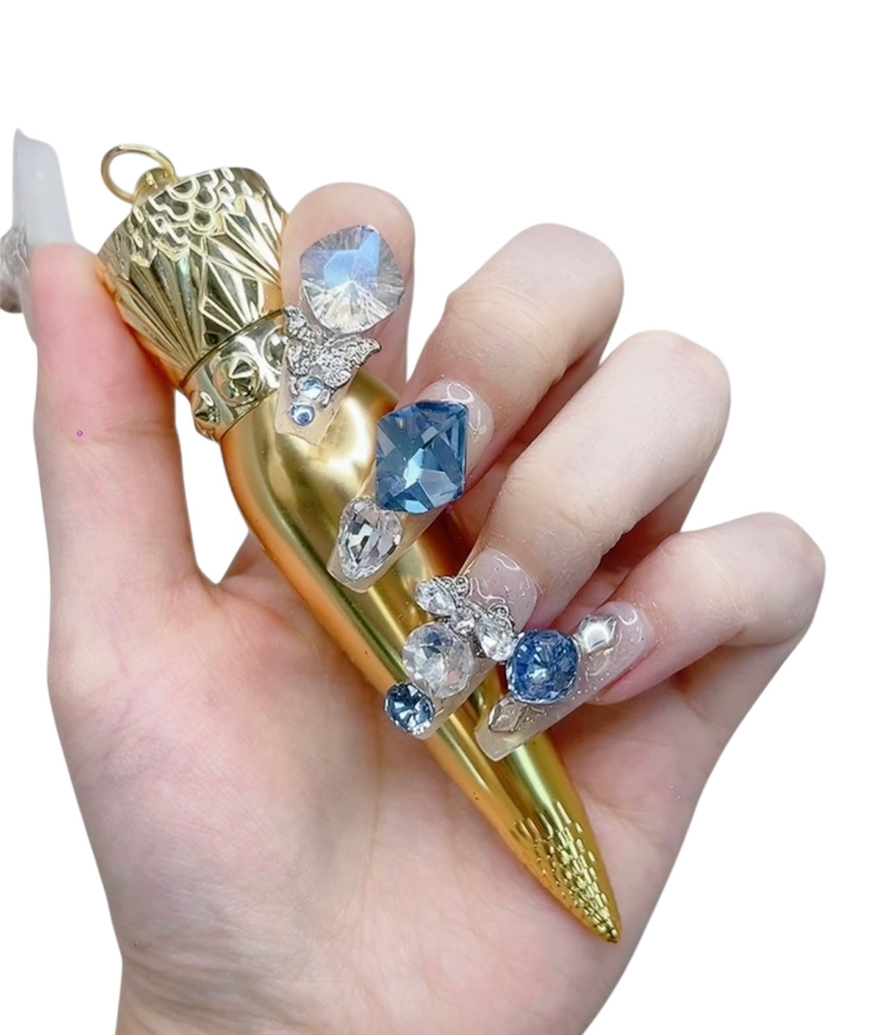 Blue & Silver Long Coffin Press-On Nails with Rhinestone Design | Tipora 028