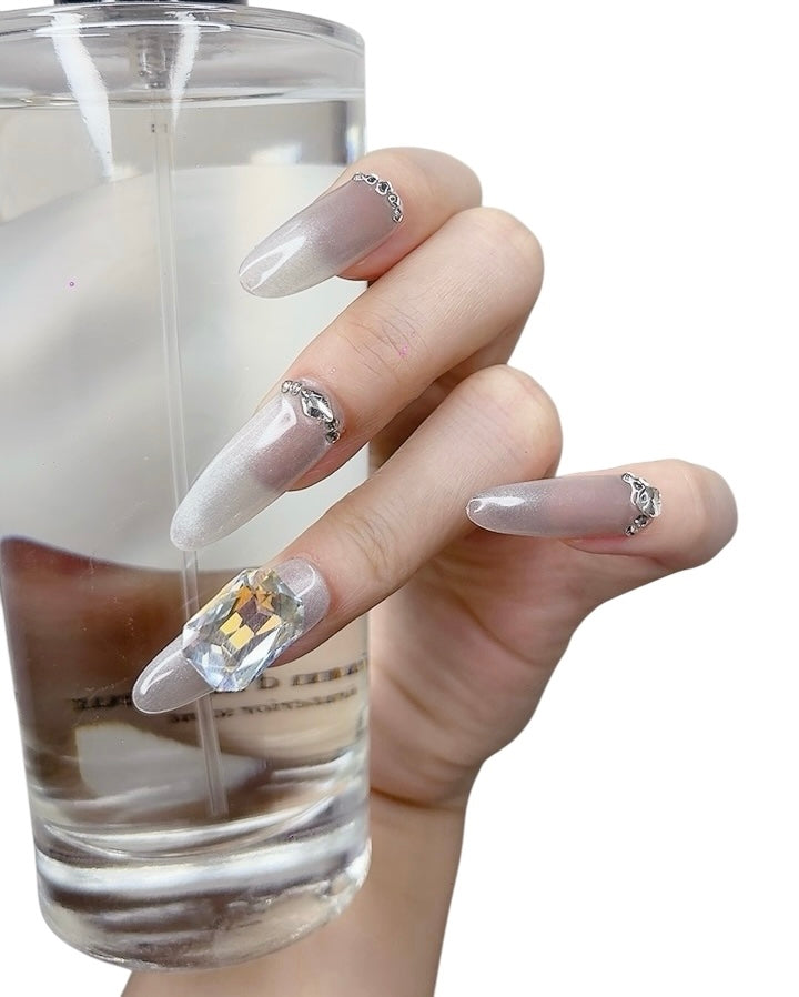 Gray Long Oval Press-On Nails with Rhinestone Design | Tipora 003