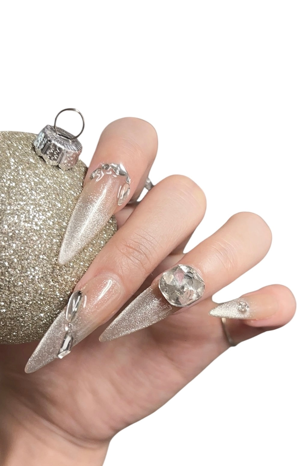 Beige Long Stiletto Press-On Nails with Rhinestones | Tipora 090