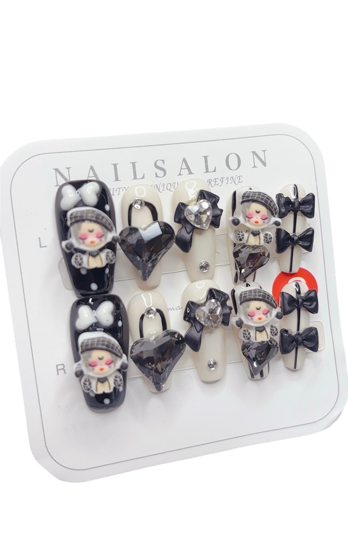 Black & White Long Coffin Press-On Nails with 3D Doll, Bowknot & Heart Rhinestones | Tipora 071