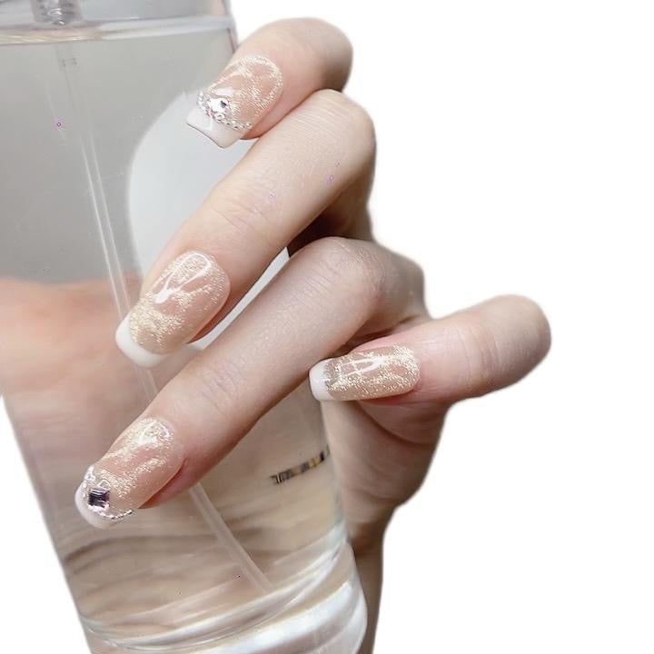 Square Press-On Nails with French Tip and Sparkle Design | Tipora 083