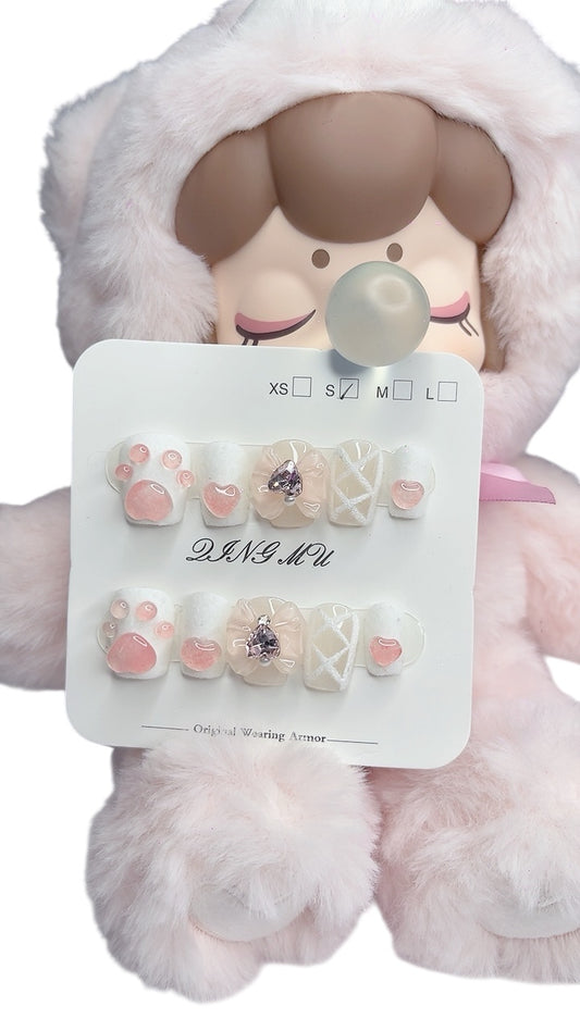 White & Pink Short Square Press-On Nails with Furry Cat Paw Design | Tipora 017 Limited Edition