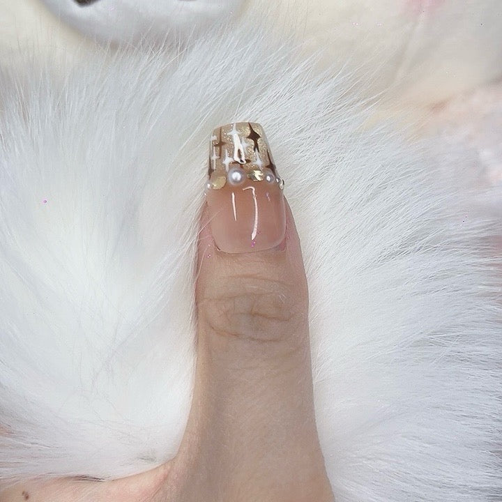 Press on Nails Medium Length Coffin Shape with Brown Bowknot and Mini Pearl Design 120