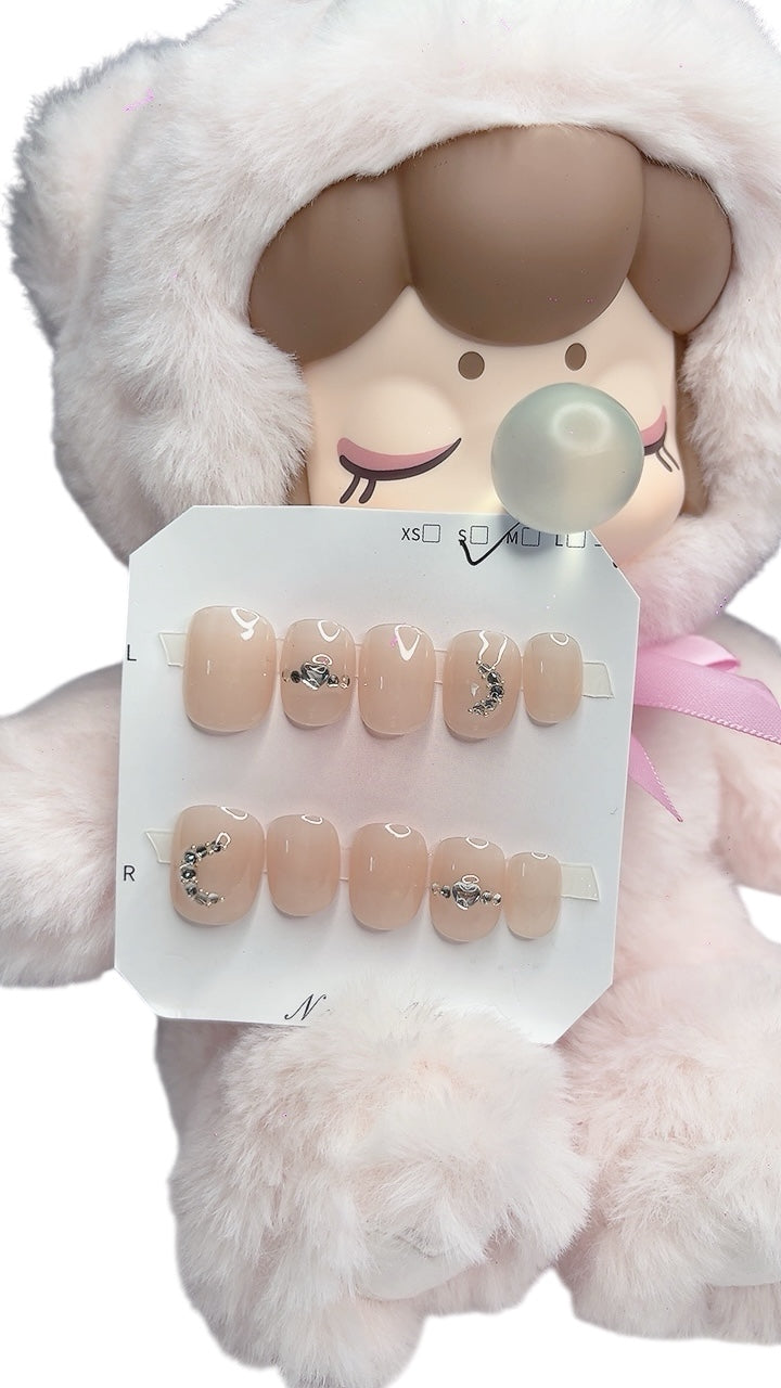 Pink Short Round Press-On Nails with Sparkle Moon Design | Tipora 024