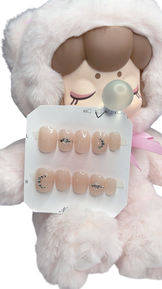 Pink Short Round Press-On Nails with Sparkle Moon Design | Tipora 024