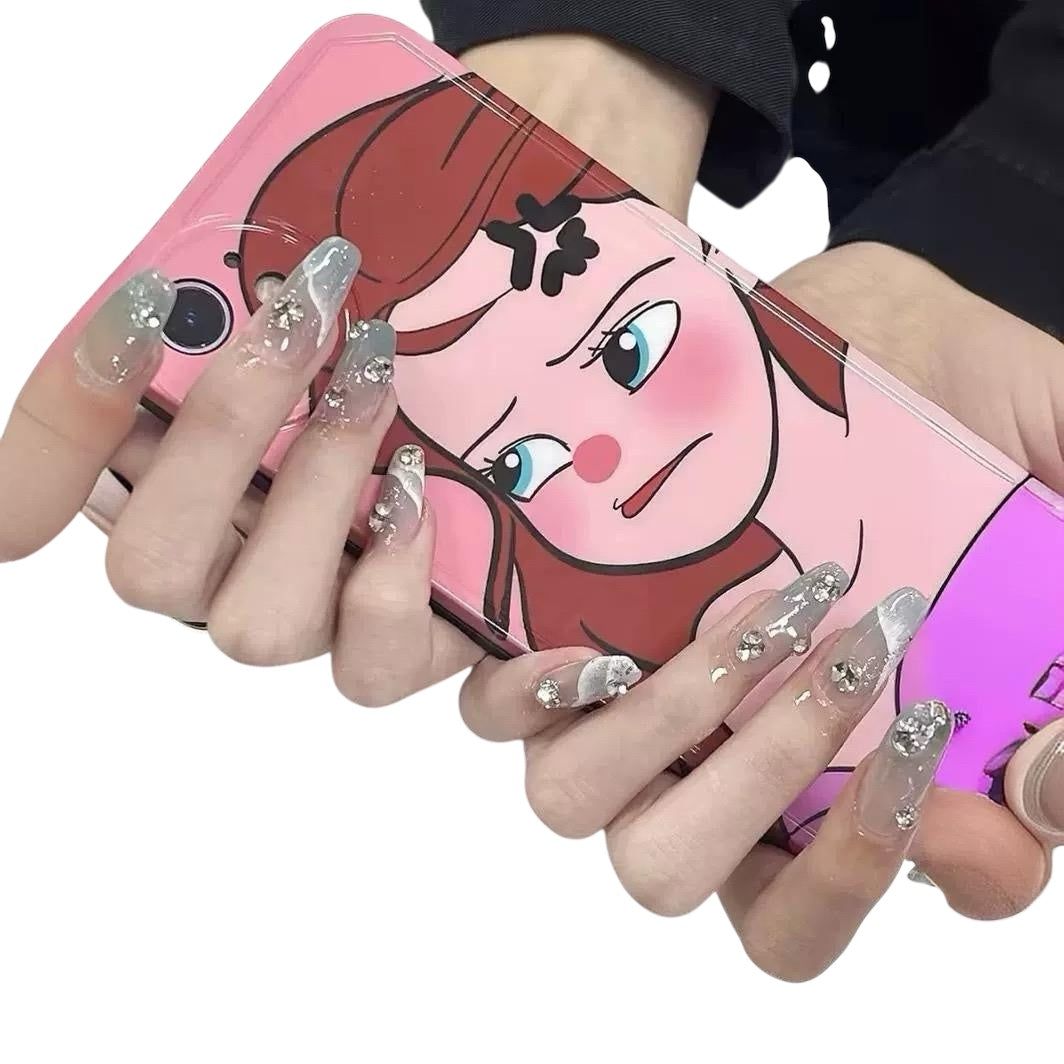 Pink & Gray Long Coffin Press-On Nails with Rhinestone Design | Tipora 016