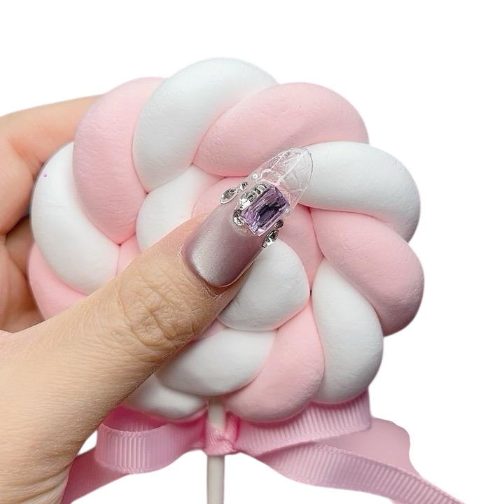 Purple Long Oval Press-On Nails with Purple Rhinestone Design – Tipora 063