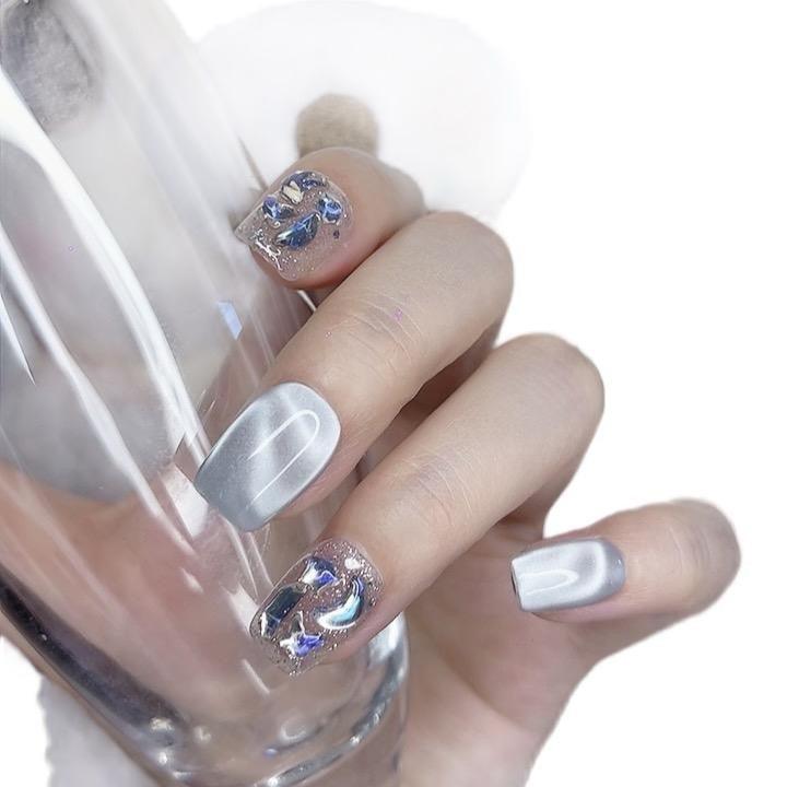 Short Square Press on Nails with Blue Ocean Sparkle Design 117