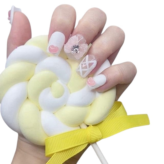White & Pink Short Square Press-On Nails with Furry Cat Paw Design | Tipora 017 Limited Edition