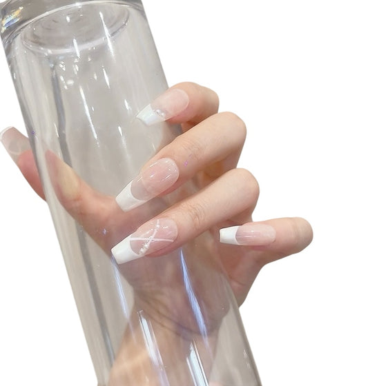 Long Coffin Pink & White Press-On Nails with Ballet-Inspired Design | Tipora 106