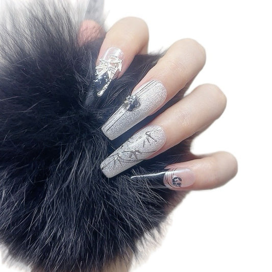 Long Coffin Press on Nails Black and Silver Color -With Bamboo Design (089)