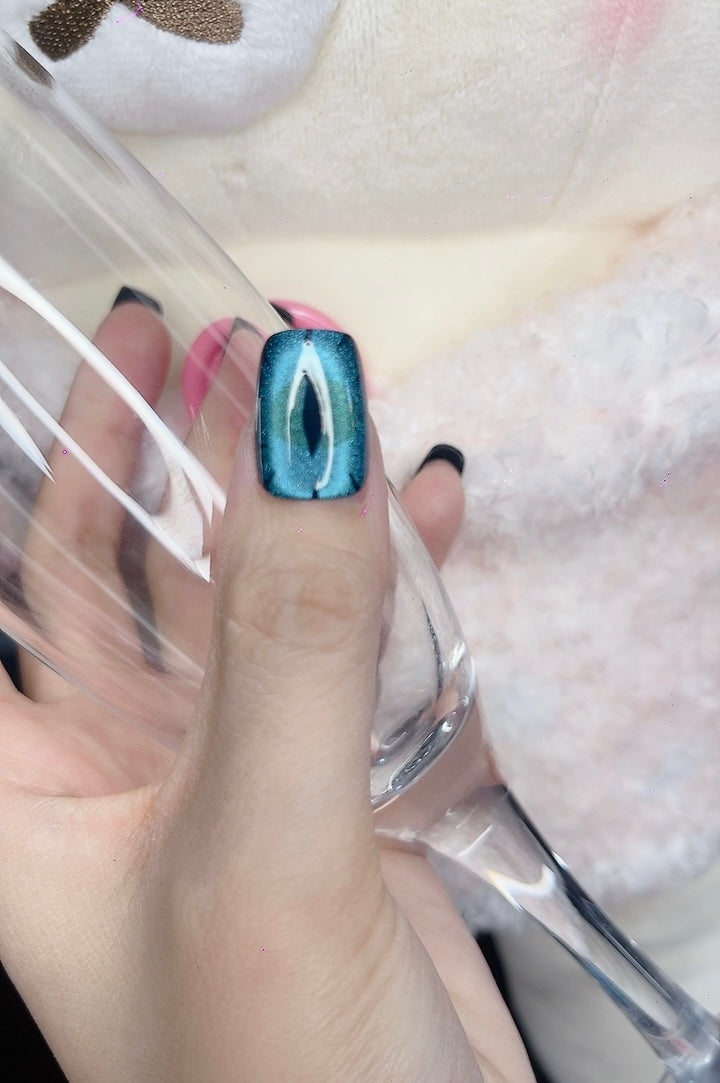 Press on Nails Short Square Blue Color with Devil’s Eye Design 116
