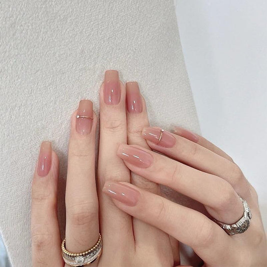 Pink Medium Square Press-On Nails with Gold Line Design | Tipora 023