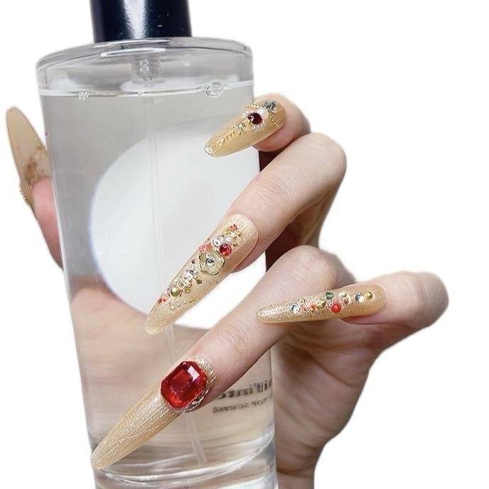 Yellow and Red Long Oval Press-On Nails with Gold Palace Design – Tipora 084 