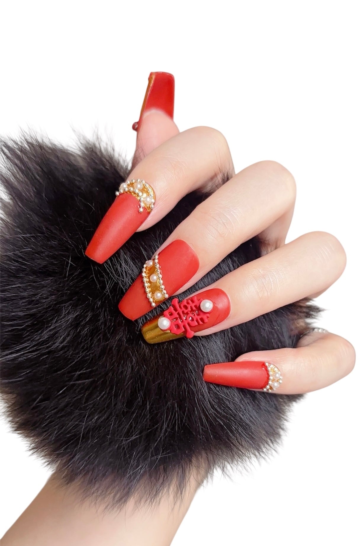 Red Long Coffin Press-On Nails with 3D Wedding Design | Tipora 070