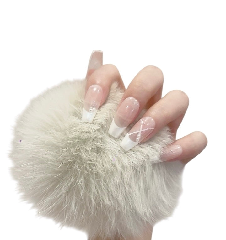 Long Coffin Pink & White Press-On Nails with Ballet-Inspired Design | Tipora 106