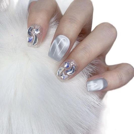 Short Square Press on Nails with Blue Ocean Sparkle Design 117