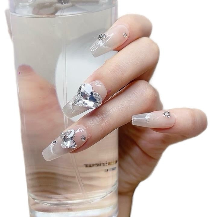 Pink Long Coffin Press-On Nails with Heart Rhinestone Design | Tipora 043