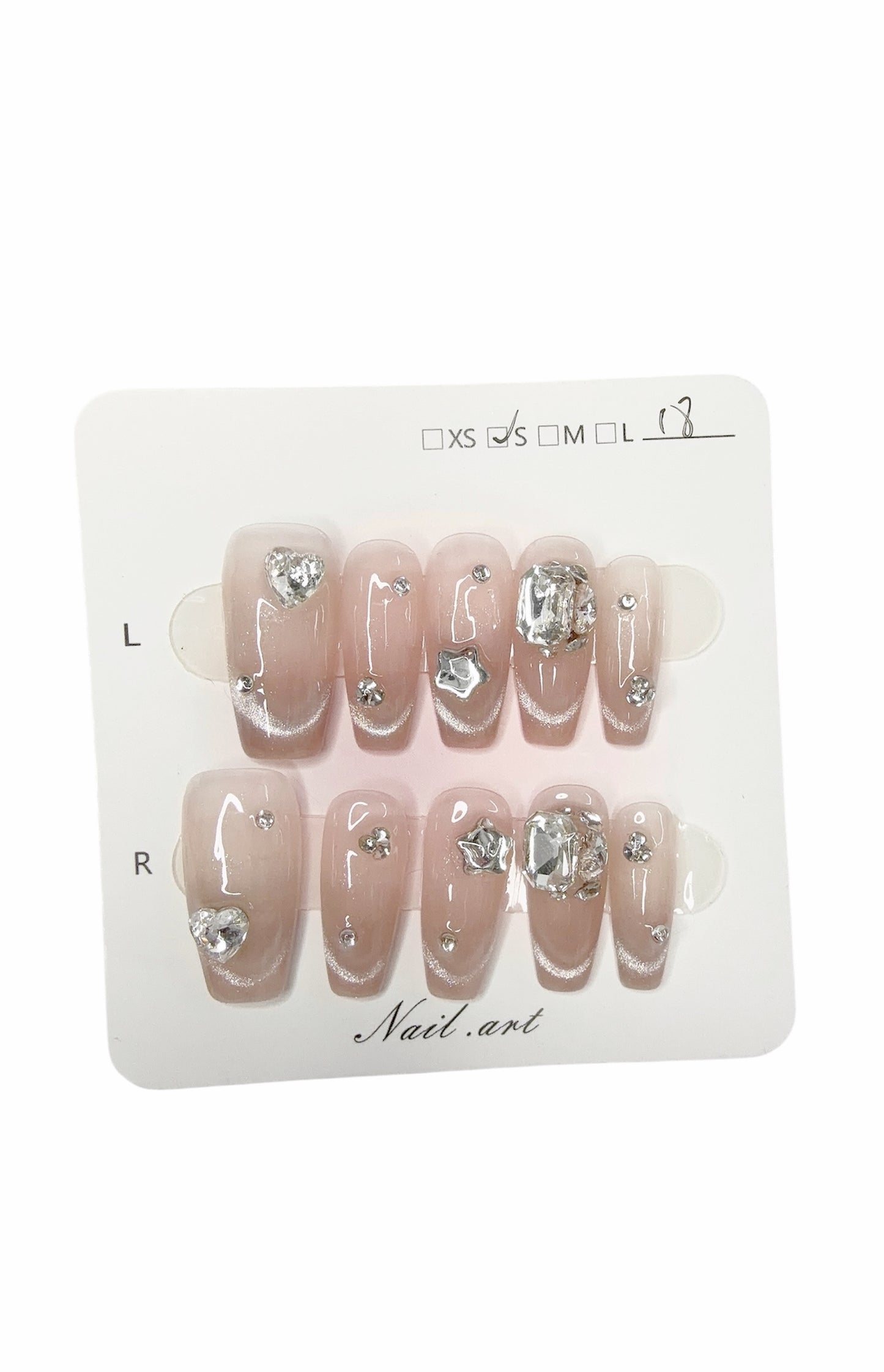 Pink Long Coffin Press-On Nails with Star-Shaped Rhinestone Design | Tipora 032